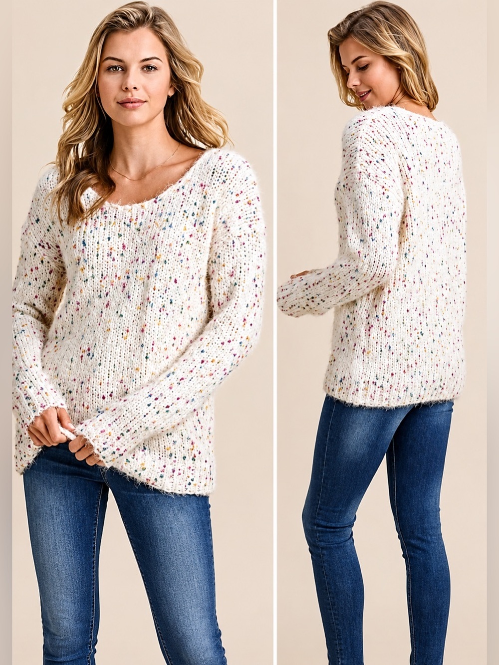 Doe & Rae Cream Confetti Knit Sweater Pullover Long Sleeve V-Neck Women’s Size L